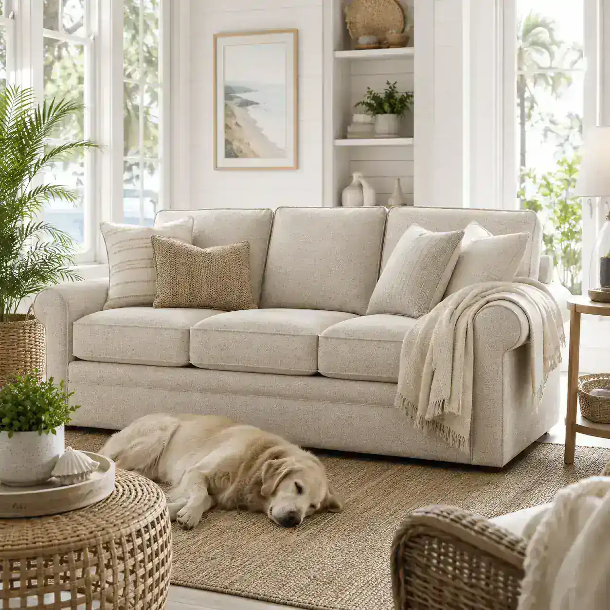 Enriched furniture PDP image — sofa styled in a sunlit coastal room